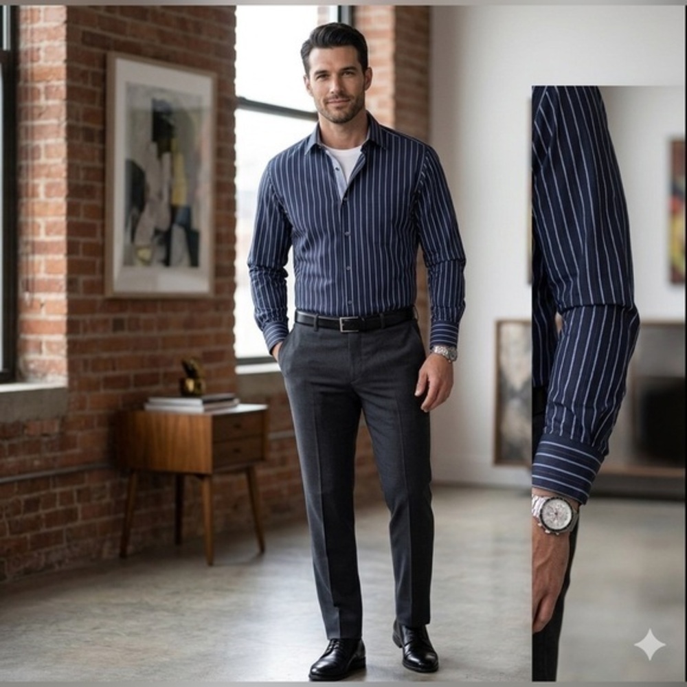 Bugatchi Uomo Men’s Large Retro Blue Stripe Shirt Button Down L Cotton